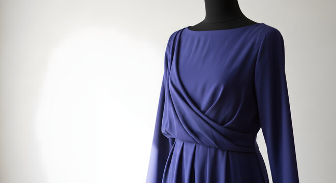 An elegant long-sleeved purple dress with a draped bodice displayed on a mannequin