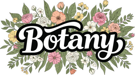 Elegant Botany Word Art Surrounded by Blooming Floral Arrangement for Botanical Studies, Graphic Design & Educational Resources: A Vintage-Inspired Illustration for Invitations, Stationary, Cards, Pri