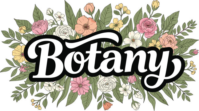 Elegant Botany Word Art Surrounded by Blooming Floral Arrangement for Botanical Studies, Graphic Design & Educational Resources: A Vintage-Inspired Illustration for Invitations, Stationary, Cards, Pri
