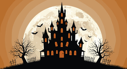 Eerie Haunted House Silhouette Against a Full Moon Backdrop on Halloween Night with Bats Flying Above, Spooky Gothic Castle, Dark Estate, Horror Theme, Creepy Scene, Graphic Design Template, Invitatio