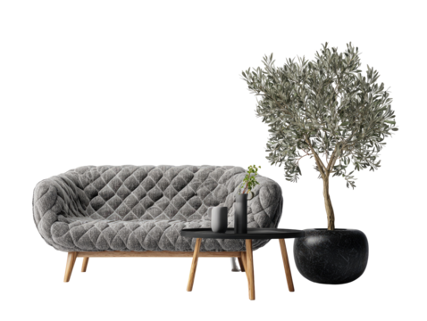 Gray quilted couch, small table, olive tree