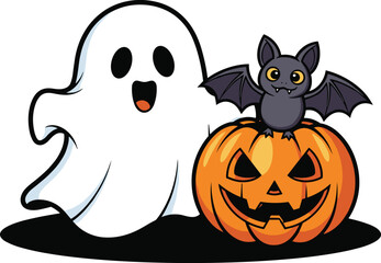 Fototapeta premium Playful Halloween Scene with Cheerful Ghost, Smiling Jack-o'-Lantern, and Cute Bat - Holiday Celebration, Fun Cartoon Illustration, Festive Decoration, Spooky Season, Trick or Treat, Greeting Card Des