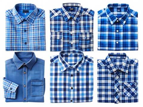  blue plaid shirt collection isolated on white background ,PNG. AI Generated