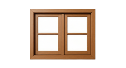 Brown wooden double window with white panes set against a black background
