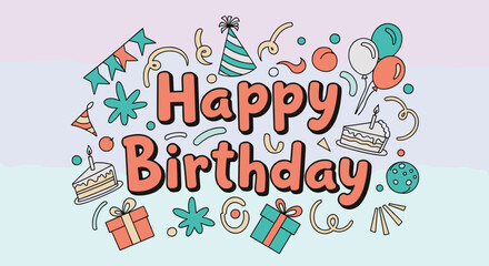 Fototapeta premium Festive Happy Birthday Celebration with Colorful Cartoon Decorations, Balloons, Cake, Gifts, and Confetti for Party Invitation Design, Event Announcement, Greeting Card, or Social Media Post Backgroun