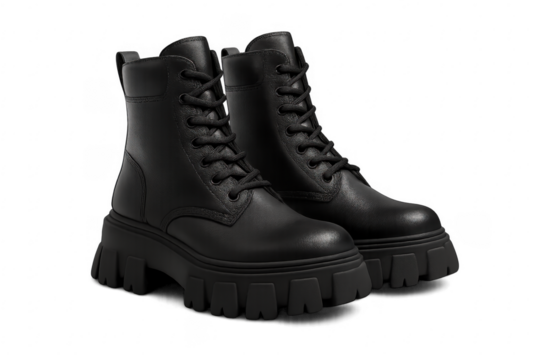 Black leather platform lace-up combat boots for fashion
