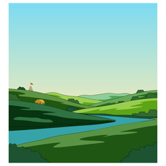 Scenic River Valley with Distant Temple