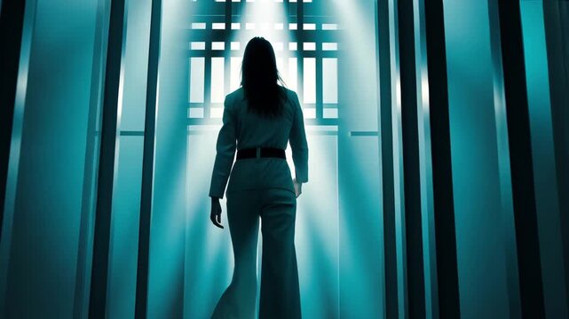 A woman walks in a dark prison cell approaching the bars, illuminated by shafts of light in a confined area