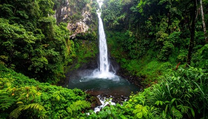 Obraz premium Waterfall cascading into a pool surrounded by lush green vegetation.