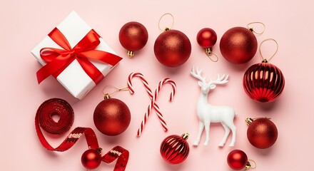 A collection of festive Christmas ornaments and decorations arranged on a pink background, including a gift box, baubles, candy canes, and a reindeer figurine.