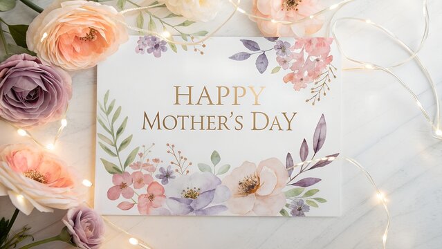 Beautifully arranged pastel flowers and fairy lights surround a happy mothers day card with elegant golden lettering