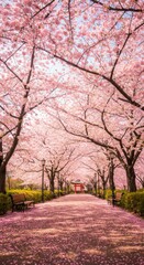 Beautiful Cherry Blossom Park with Bridge and River