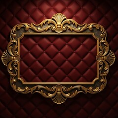 An ornate golden picture frame with intricate carvings against a deep red quilted background.
