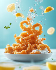 Crispy fried calamari rings with lemon slices and dipping sauce served on a white plate a delicious seafood appetizer