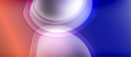 Abstract composition featuring overlapping translucent shapes. Colors blend from orange, purple, to blue. Smooth gradients create soft visual effect.