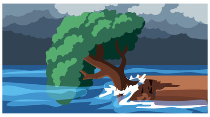 Tree Battling Flood Waters Illustration