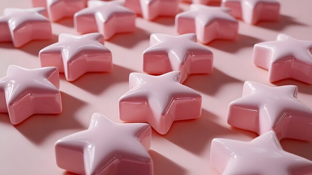 3d pink stars floating in the air, arranged evenly in a clean grid pattern, light pink background