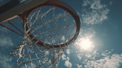 Low Angle View of Basketball Hoop Against a Sunlit Cloudy Sky.