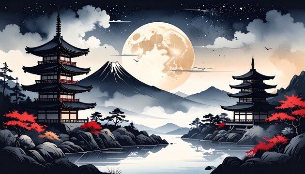 Ilustraci&oacute;n de paisaje japon&eacute;s minimalista con monta&ntilde;a, luna llena, estrellas y una pagoda, estilo tinta sumi-e