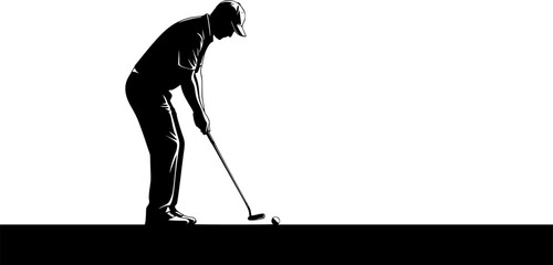 Golfer putting silhouette. This image shows a golfer in a putting stance, depicted as a black silhouette, focusing on the action of putting the golf ball. Vector clipart illustration design