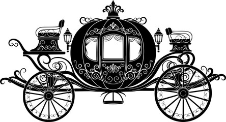 cinderella carriage silhouette. This image shows a detailed and ornate silhouette of a Cinderella carriage, also known as a fairytale coach. Vector clipart illustration design 