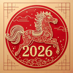 Chinese new year 2026 text on red wood and year of the horse. Red horse illustration and design on natural background.