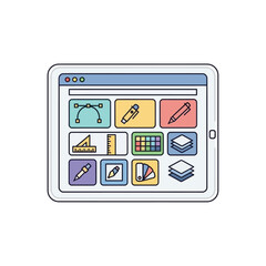 Tablet with digital design tools icons user interface vector