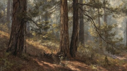 Naklejka premium Sunlit Forest Floor - A Serene Woodland Scene with Towering Trees.