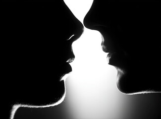 Silhouette of two faces close together, noses almost touching in a black and white close-up