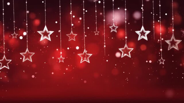 Glittering white stars on a deep red background with bokeh lights