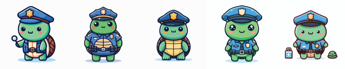 Cute Police Turtle Mascot Illustration Set – Kawaii Officer Character, Badge, Uniform, Cartoon Vector Design
