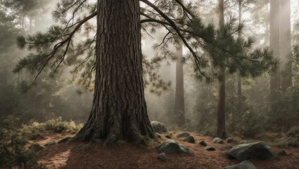 Obraz premium Sunlit Forest Giant - A Majestic Tree in a Misty Landscape.