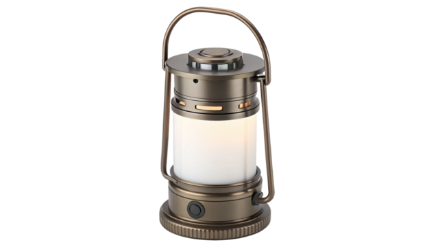Vintage style portable led lantern with a handle and a frosted glass shade, isolated on transparent background - Powered by Adobe