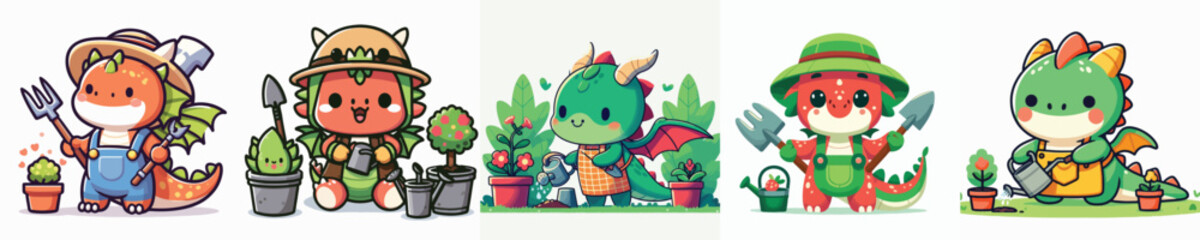 Cute Gardening Dragon Characters  Kawaii Cartoon Reptile Planting Flowers, Kids Vector Illustration
