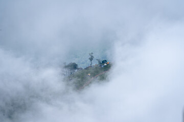 View of campsite in the middle of mist in Myanmar 