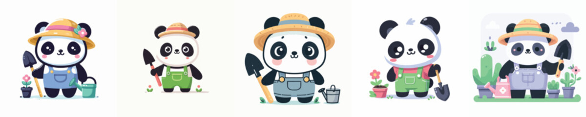 Cute Panda Farmer Vector Set – Adorable Cartoon Panda in Straw Hat Gardening with Plants and Tools, Agriculture Animal Character for Kids Illustration, Eco Farming, and Nature Concept Design © KangMour