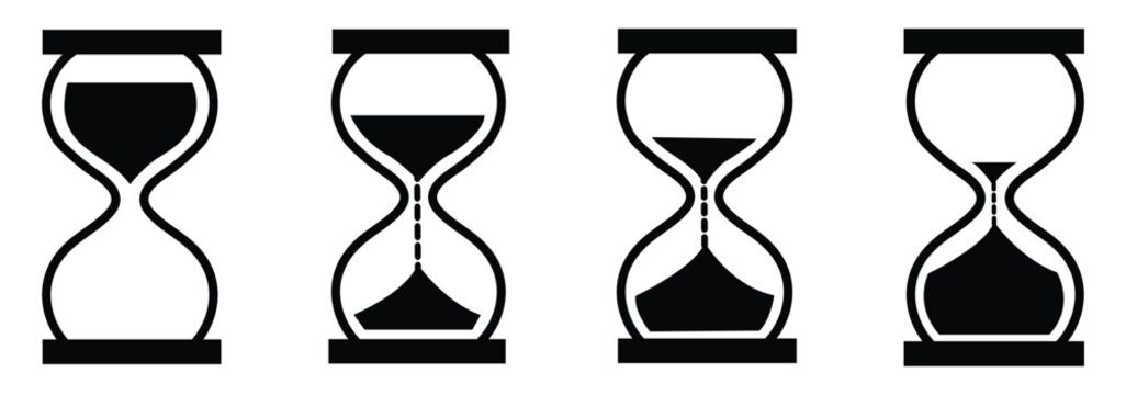 set of sand clock illustrations with varying frames and sand amounts. Hourglass shapes in multiple variations. Vector icon set of hourglasses with falling sand