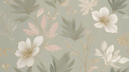 Seamless wallpaper combining delicate watercolor leaves and flowers with satin-thread embroidery and subtle bead highlights on a soft linen-textured background in sage, blush, cream, and warm gold.
