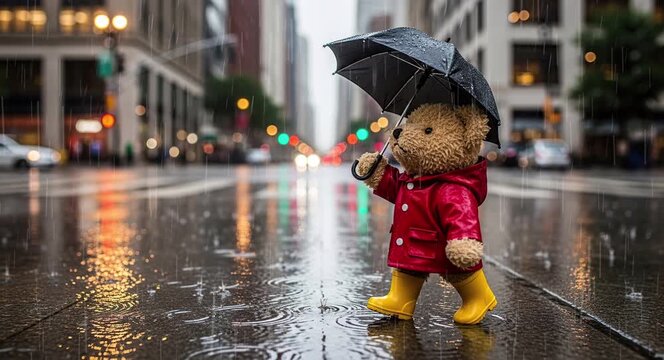 Teddy bear holding umbrella walking on city street during rainy day with cute and warm atmosphere
Seamless looping, virtual video animation background. Generated AI	