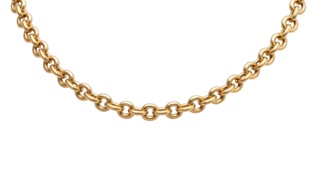 Golden chain necklace with rounded links against a black background