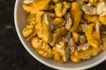 walnuts and kernels captured in a rustic natural setting. Some nuts are cracked open, revealing the rich interior texture, while others remain whole on a dark wooden surface. 
