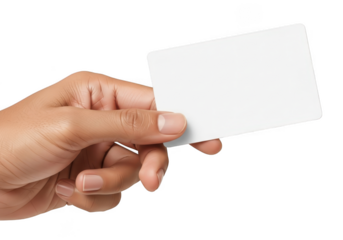 Hand holding blank business card mockup, credit card, gift card, id card, or invitation card in hand, isolated on transparent background
