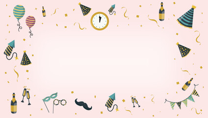 Celebration Border With Party Hats, Champagne, Balloons, Confetti, and Time Clock