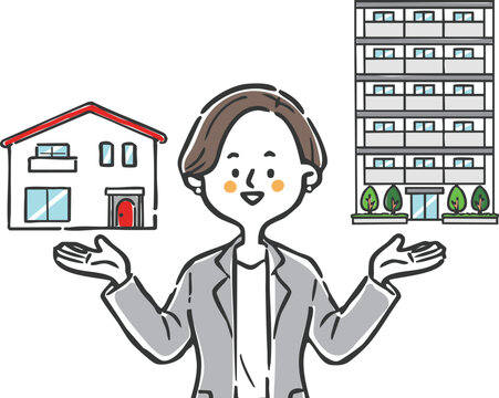 一戸建てとマンション　選択　不動産　ビジネスウーマン

