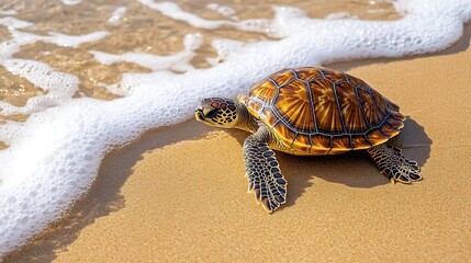 A sea turtle is walking on the beach towards the ocean, with waves washing over its shell, a symbol of nature and marine life
