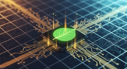 Green computing and sustainable electronic innovation. Eco-friendly power management and development. Illuminated leaf symbol on a microchip connected by orange circuits