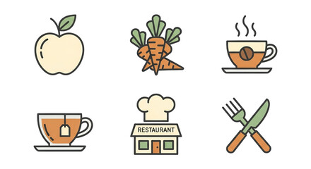 Simple icons representing culinary and nutritional themes on a clean white backdrop illustration.