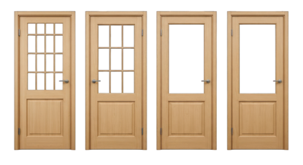 Four wooden doors with glass panels, showing varying window configurations