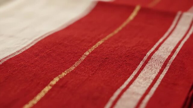 Elegant Indian Handloom Saree with Red, White, and Gold Stripes Traditional Artistry and Cultural Heritage