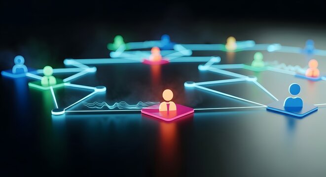 Social business networking and digital communication. Global community and human resource management. Connected glowing user icons representing a diverse team network